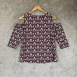 Chico's Shirt Womens 0 Red Black High Heel Open Shoulder Stretch Pullover- 4387